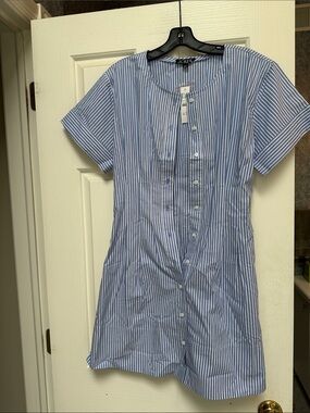 J. Crew Blue & White Vertical Stripe Button-Front Shirt Dress